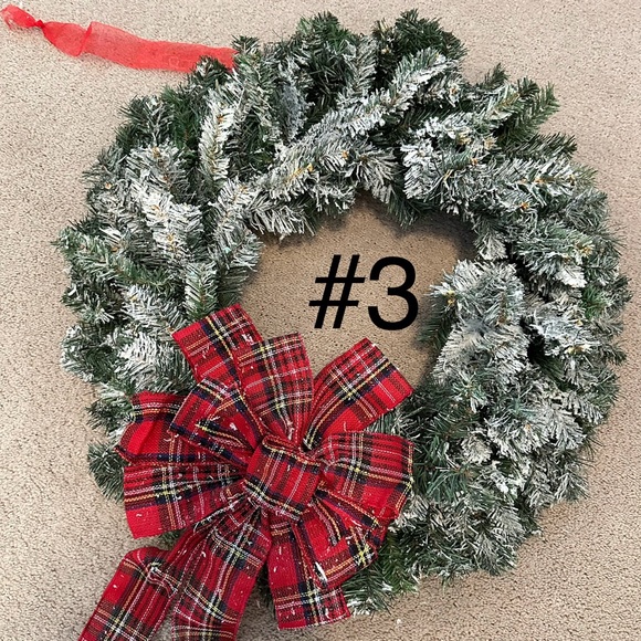 Holiday Christmas Snow Flocked Wreath With Tartan Red Plaid Bow - Picture 12 of 16